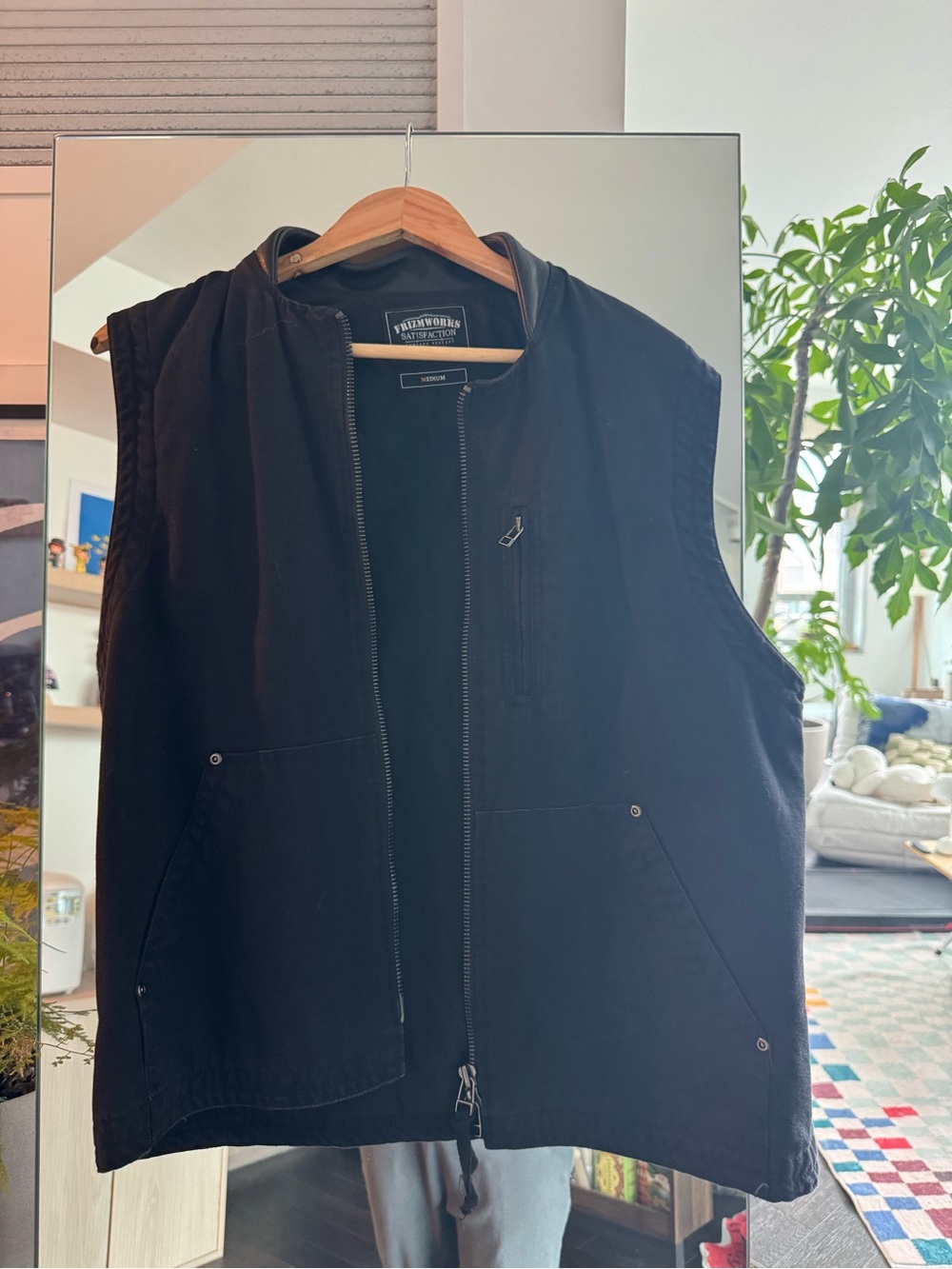 Men's Black Denim Utility Vest Leather Collar